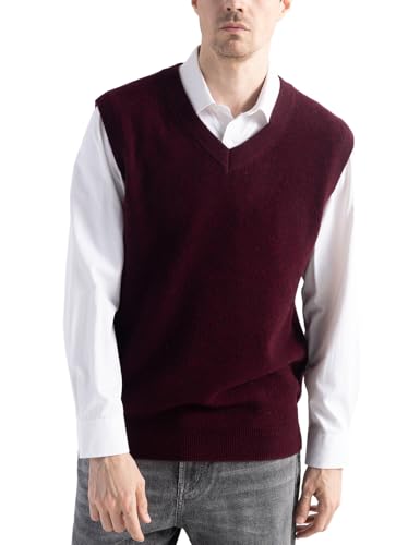 Chanyarn 100% Merinowolle Pullunder für Herren Pullover Ohne Arm V-Ausschnitt Weich Herbst-Winter Warm Strickwesten(Dunkelrot,XL) von Chanyarn