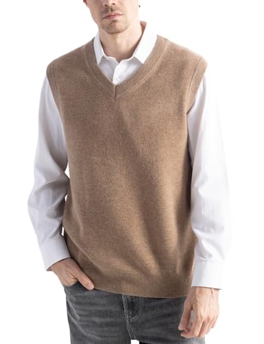 Chanyarn 100% Merinowolle Pullunder für Herren Pullover Ohne Arm V-Ausschnitt Weich Herbst-Winter Warm Strickwesten(Tan,L) von Chanyarn