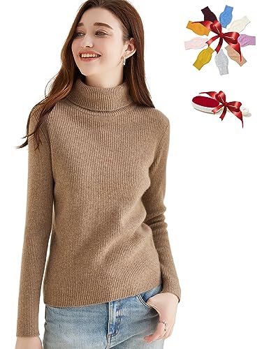 Chanyarn Damen 100% Kaschmir Rollkragen Pullover Herbst Winter Gerippt Superwarm Weich Langärmelig Strickpullover (Tan,L) von Chanyarn