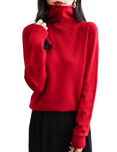 Chanyarn Damen 100% Merinowolle 2025 First-Line Ready to Wear Langarm nahtlosem Elegant Strickpullover Herbst Winter Kaschmir Rollkragenpullover (Rot,M) von Chanyarn