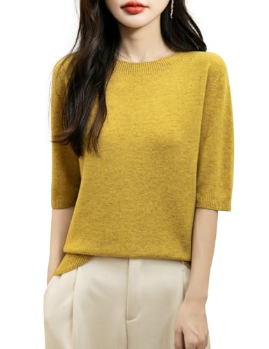 Chanyarn Damen 100% Merinowolle Kurzarm Pullover 2025 Frühjahr Sommer Winter Rundhals Weich Nahtloser Strickpullover Sweatshirt (Dunkelgelb,M) von Chanyarn