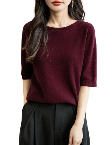 Chanyarn Damen 100% Merinowolle Kurzarm Pullover 2025 Frühjahr Sommer Winter Rundhals Weich Nahtloser Strickpullover Sweatshirt (Dunkelrot,S) von Chanyarn