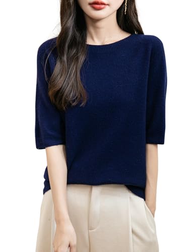 Chanyarn Damen 100% Merinowolle Kurzarm Pullover 2025 Frühjahr Sommer Winter Rundhals Weich Nahtloser Strickpullover Sweatshirt (Navy Blau,S) von Chanyarn