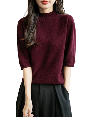 Chanyarn Damen 100% Merinowolle Kurzarm Pullover 2025 Frühjahr Sommer Winter Weich Leicht Rollkragen Nahtloser Strickpullover Sweatshirt (Dunkelrot,M) von Chanyarn