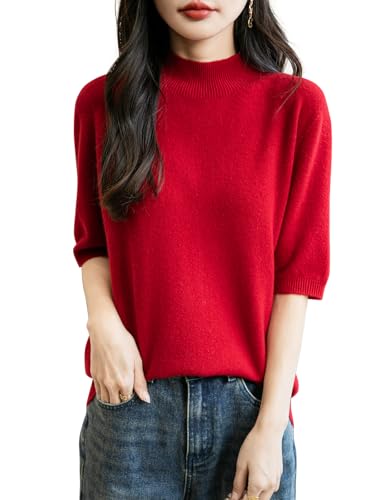 Chanyarn Damen 100% Merinowolle Kurzarm Pullover 2025 Frühjahr Sommer Winter Weich Leicht Rollkragen Nahtloser Strickpullover Sweatshirt (Rot,L) von Chanyarn