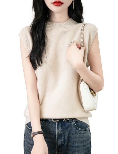 Chanyarn Damen 100% Merinowolle Pullover Frühling Herbst Winter First-Line Ready to Wear Rollkragen Nahtlos Strick Ärmellos Pullunder (Beige,XL) von Chanyarn