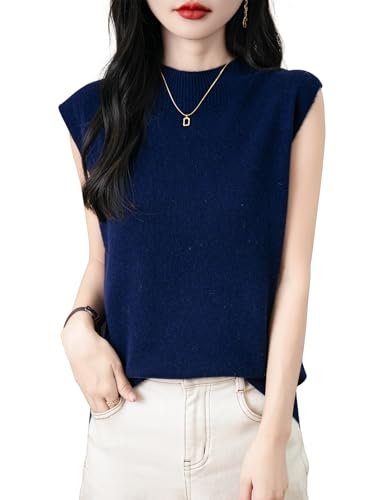 Chanyarn Damen 100% Merinowolle Pullover Frühling Herbst Winter First-Line Ready to Wear Rollkragen Nahtlos Strick Ärmellos Pullunder (Navy Blau,S) von Chanyarn