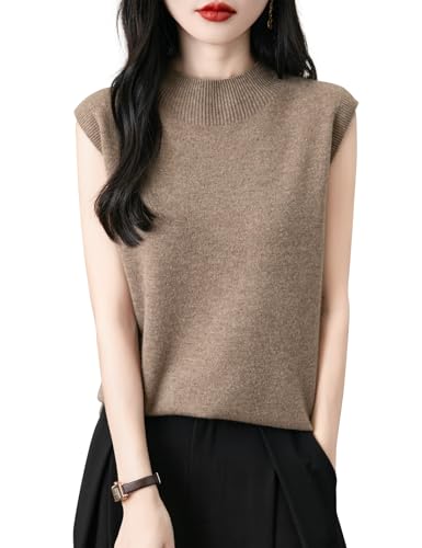 Chanyarn Damen 100% Merinowolle Pullover Frühling Herbst Winter First-Line Ready to Wear Rollkragen Nahtlos Strick Ärmellos Pullunder (Tan,S) von Chanyarn
