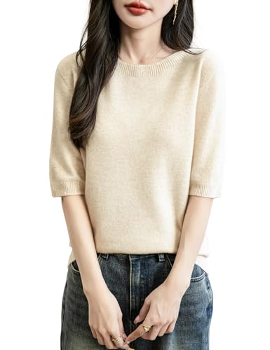 Chanyarn Damen 100% Merinowolle Kurzarm Pullover 2025 Frühjahr Sommer Winter Rundhals Weich Nahtloser Strickpullover Sweatshirt (Beige,L) von Chanyarn