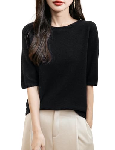 Chanyarn Damen 100% Merinowolle Kurzarm Pullover 2025 Frühjahr Sommer Winter Rundhals Weich Nahtloser Strickpullover Sweatshirt (Schwarz,S) von Chanyarn