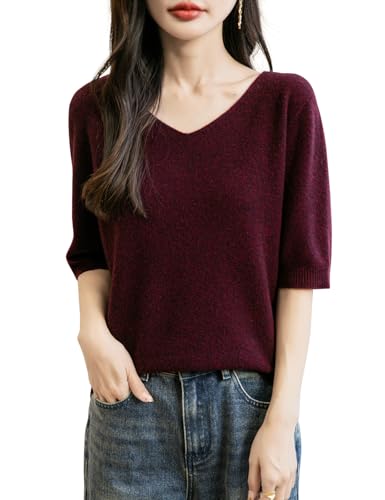 Chanyarn Damen 100% Merinowolle Kurzarm Pullover 2025 Frühjahr Sommer Winter V-Ausschnitt Weich Leicht Nahtloser Strickpullover Sweatshirt (Dunkelrot,S) von Chanyarn