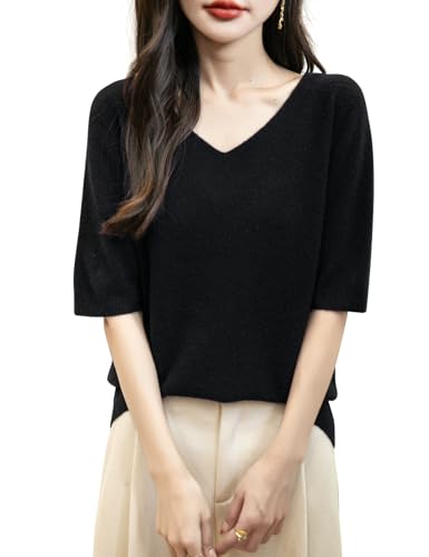 Chanyarn Damen 100% Merinowolle Kurzarm Pullover 2025 Frühjahr Sommer Winter V-Ausschnitt Weich Leicht Nahtloser Strickpullover Sweatshirt (Schwarz,S) von Chanyarn