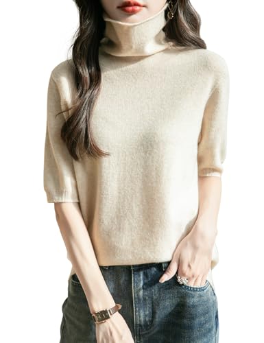 Chanyarn Damen 100% Merinowolle Kurzarm Pullover 2025 Frühjahr Sommer Winter Weich Leicht Rollkragen Nahtloser Strickpullover Sweatshirt (Beige,L) von Chanyarn