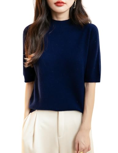 Chanyarn Damen 100% Merinowolle Kurzarm Pullover 2025 Frühjahr Sommer Winter Weich Leicht Rollkragen Nahtloser Strickpullover Sweatshirt (Navy Blau,M) von Chanyarn