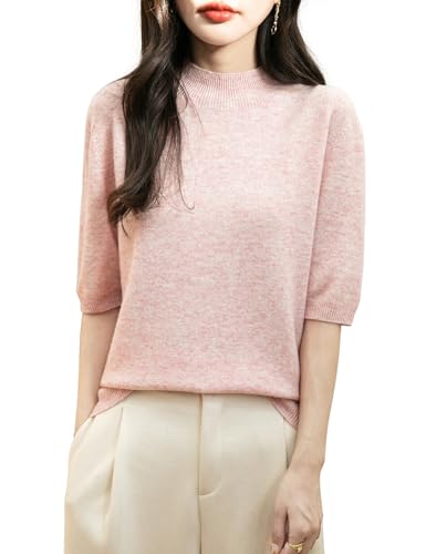 Chanyarn Damen 100% Merinowolle Kurzarm Pullover 2025 Frühjahr Sommer Winter Weich Leicht Rollkragen Nahtloser Strickpullover Sweatshirt (Rosa,M) von Chanyarn
