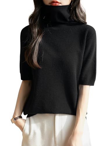 Chanyarn Damen 100% Merinowolle Kurzarm Pullover 2025 Frühjahr Sommer Winter Weich Leicht Rollkragen Nahtloser Strickpullover Sweatshirt (Schwarz,L) von Chanyarn