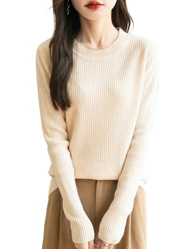 Chanyarn Damen 100% Merinowolle Pullover 2025 Herbst Winter Rundhalsausschnitt Lange Ärmel warm RIPP Strick Pullover (Beige,S) von Chanyarn