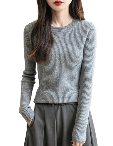 Chanyarn Damen 100% Merinowolle Pullover 2025 Herbst Winter Rundhalsausschnitt Lange Ärmel warm RIPP Strick Pullover (Grau,XL) von Chanyarn