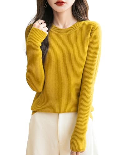 Chanyarn Damen 100% Merinowolle Pullover 2025 Herbst Winter Rundhalsausschnitt Lange Ärmel warm RIPP Strick Pullover (Ingwer,M) von Chanyarn
