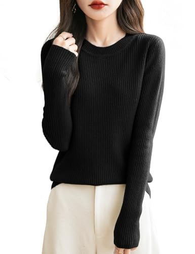 Chanyarn Damen 100% Merinowolle Pullover 2025 Herbst Winter Rundhalsausschnitt Lange Ärmel warm RIPP Strick Pullover (Schwarz,S) von Chanyarn