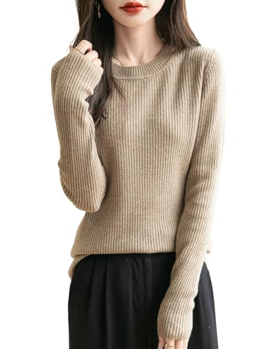 Chanyarn Damen 100% Merinowolle Pullover 2025 Herbst Winter Rundhalsausschnitt Lange Ärmel warm RIPP Strick Pullover (Tan,L) von Chanyarn