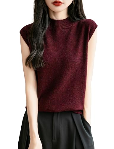 Chanyarn Damen 100% Merinowolle Pullover Frühling Herbst Winter First-Line Ready to Wear Rollkragen Nahtlos Strick Ärmellos Pullunder (Dunkelrot,M) von Chanyarn