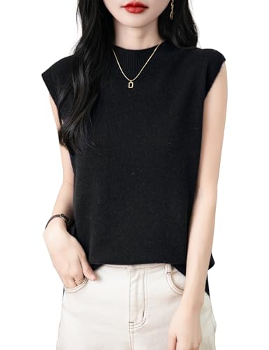 Chanyarn Damen 100% Merinowolle Pullover Frühling Herbst Winter First-Line Ready to Wear Rollkragen Nahtlos Strick Ärmellos Pullunder (Schwarz,L) von Chanyarn