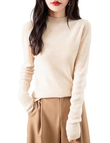 Chanyarn Damen 100% Merinowolle Rollkragen Pullover First-Line gebrauchsfertig langärmelig RIPP nahtlos Strickpullover (Beige,L) von Chanyarn