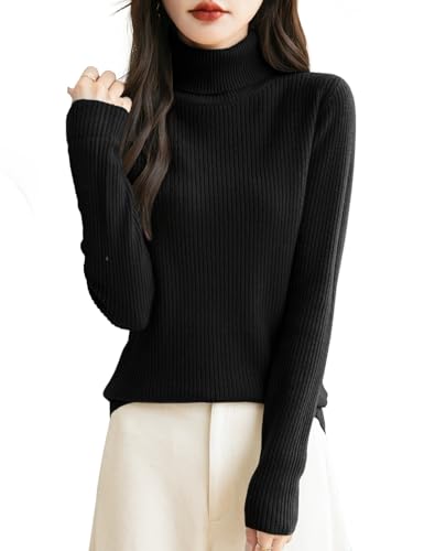 Chanyarn Damen 100% Merinowolle Rollkragenpullover 2025 Herbst Winter Langarm warm weich RIPP Strick Pullover (Schwarz,L) von Chanyarn