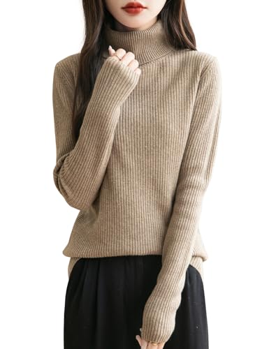 Chanyarn Damen 100% Merinowolle Rollkragenpullover 2025 Herbst Winter Langarm warm weich RIPP Strick Pullover (Tan,L) von Chanyarn