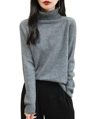 Chanyarn Damen 100% Merinowolle Rollkragenpullover 2025 Herbst Winter Warmer Weicher Langarm Elegant Strickpullover (Grau,M) von Chanyarn