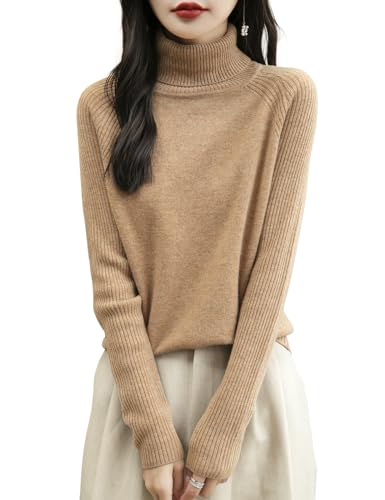 Chanyarn Damen 100% Merinowolle Rollkragenpullover 2025 Herbst Winter Warmer Weicher Langarm Elegant Strickpullover (Khaki,S) von Chanyarn