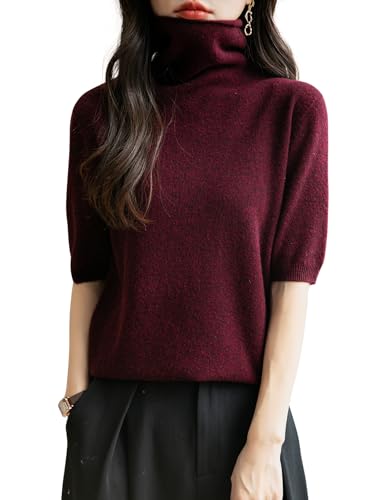 Chanyarn Damen 100% Merinowolle Kurzarm Pullover 2025 Frühjahr Sommer Winter Weich Leicht Rollkragen Nahtloser Strickpullover Sweatshirt (Dunkelrot,XL) von Chanyarn