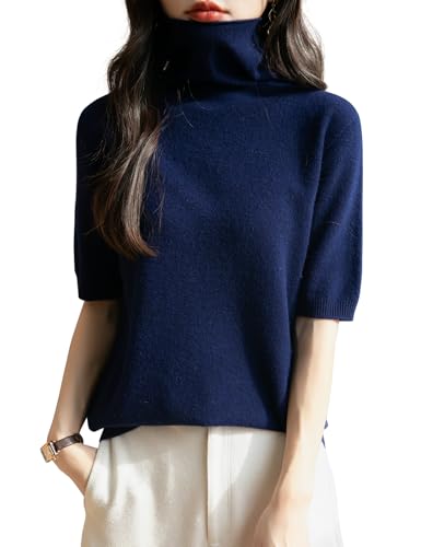 Chanyarn Damen 100% Merinowolle Kurzarm Pullover 2025 Frühjahr Sommer Winter Weich Leicht Rollkragen Nahtloser Strickpullover Sweatshirt (Navy Blau,L) von Chanyarn