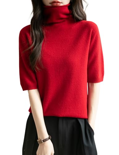 Chanyarn Damen 100% Merinowolle Kurzarm Pullover 2025 Frühjahr Sommer Winter Weich Leicht Rollkragen Nahtloser Strickpullover Sweatshirt (Rot,M) von Chanyarn