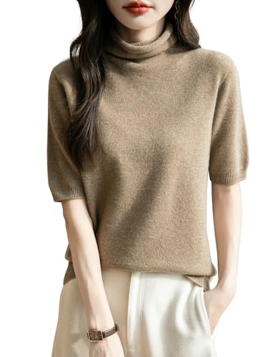 Chanyarn Damen 100% Merinowolle Kurzarm Pullover 2025 Frühjahr Sommer Winter Weich Leicht Rollkragen Nahtloser Strickpullover Sweatshirt (Tan,L) von Chanyarn