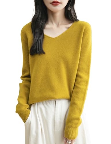 Chanyarn Damen 100% Merinowolle V-Ausschnitt Pullover 2025 Herbst Winter First-Line Ready to Wear Langarm nahtlosem Strick Elegant Kaschmirpullover (Ahornblatt,L) von Chanyarn