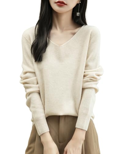 Chanyarn Damen 100% Merinowolle V-Ausschnitt Pullover 2025 Herbst Winter First-Line Ready to Wear Langarm nahtlosem Strick Elegant Kaschmirpullover (Beige,L) von Chanyarn