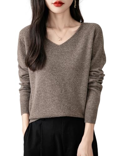 Chanyarn Damen 100% Merinowolle V-Ausschnitt Pullover 2025 Herbst Winter First-Line Ready to Wear Langarm nahtlosem Strick Elegant Kaschmirpullover (Braun,L) von Chanyarn