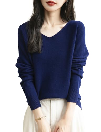 Chanyarn Damen 100% Merinowolle V-Ausschnitt Pullover 2025 Herbst Winter First-Line Ready to Wear Langarm nahtlosem Strick Elegant Kaschmirpullover (Navy Blau,L) von Chanyarn