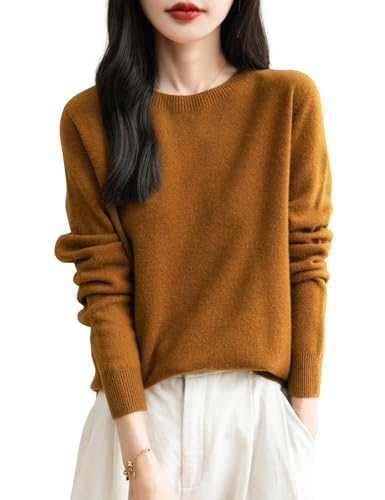 Chanyarn Damen Herbstpullover Rundhals 100% Merinowolle 2025 First-Line Ready to Wear Langarm nahtlosem Strick Winter Elegant Cashmere Pullover (Karamell,M) von Chanyarn