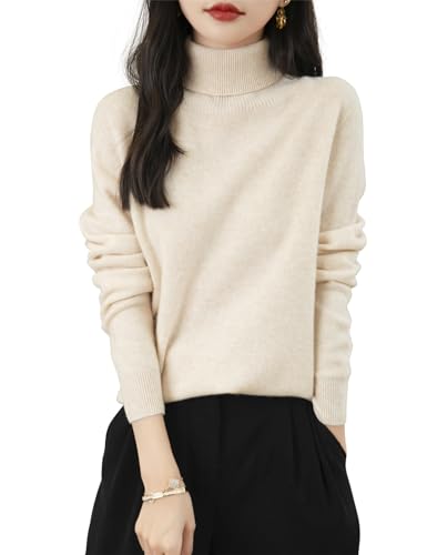 Chanyarn Damen Kaschmirpullover Strick Elegant Herbst Winter Langarm 2025 First-Line Ready to Wear nahtlosem 100% Merinowolle Rollkragenpullover (Beige,M) von Chanyarn