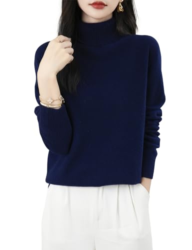 Chanyarn Damen Kaschmirpullover Strick Elegant Herbst Winter Langarm 2025 First-Line Ready to Wear nahtlosem 100% Merinowolle Rollkragenpullover (Navy Blau,M) von Chanyarn