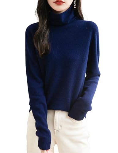 Chanyarn Damen Kaschmirpullover Strick Elegant Herbst Winter Langarm 2024 First-Line Ready to Wear nahtlosem 100% Merinowolle Rollkragenpullover (Navy Blau,M) von Chanyarn