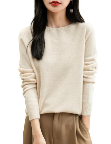 Chanyarn Damen Kaschmirpullover Strick Elegant Herbst Winter Langarm 2025 First-Line Ready to Wear nahtlosem 100% Merinowolle Rundhalspullover (Beige,M) von Chanyarn