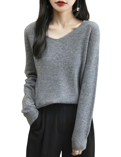 Chanyarn Damen Kaschmirpullover Strick Elegant Herbst Winter Langarm 2025 First-Line Ready to Wear nahtlosem 100% Merinowolle V-Ausschnitt Pullover (Grau,M) von Chanyarn