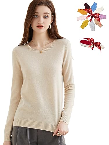 Chanyarn Damen Pullover 100% Reinem Kaschmir 2025 Herbst Winter Rundhalsausschnitt Super Warm Weich Leicht Langärmelig (Beige,S) von Chanyarn