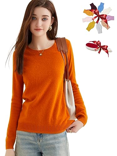 Chanyarn Damen Pullover 100% Reinem Kaschmir 2025 Herbst Winter Rundhalsausschnitt Super Warm Weich Leicht Langärmelig (Orange,M) von Chanyarn