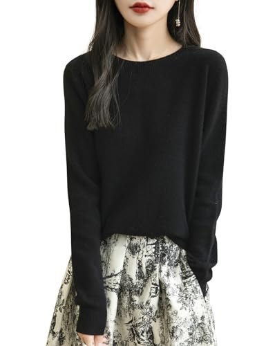 Chanyarn Damen-Pullover aus 100 % Merinowolle, für Herbst und Winter, erste Linie, bereit zum Tragen, langärmelig, nahtlos, gestrickt, Rundhalsausschnitt, Schwarz, Mittel von Chanyarn