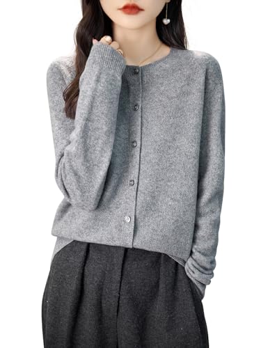 Chanyarn Damen Rundhalsausschnitt 100% Merinowolle Strickjacken 2025 Frühling einfarbig langärmelig nahtlos Strickjacken (Grau,XL) von Chanyarn